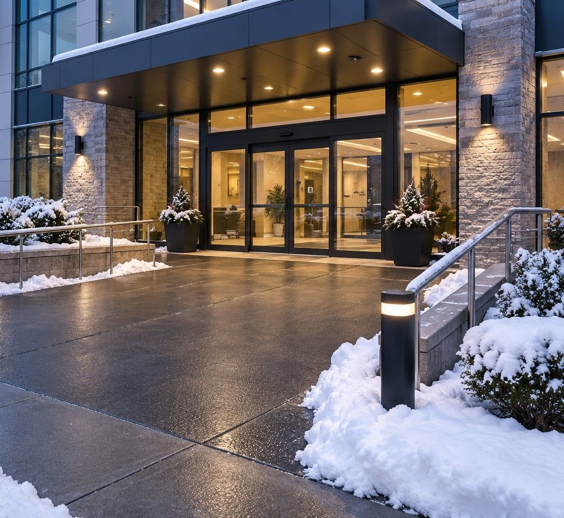 Covered entrance of a modern commercial office building at dusk in winter, with clear wet pavement leading to glass doors, snow banked along the edges and an accessible ramp