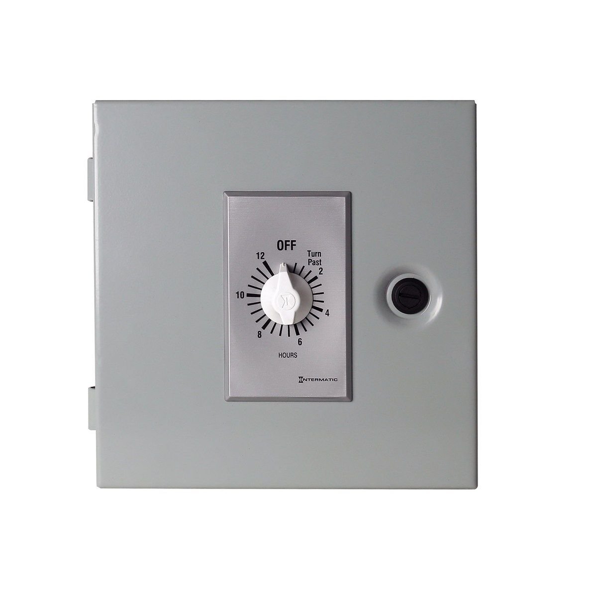Snow and ice melting timer control in a grey enclosure with a rotary timer dial
